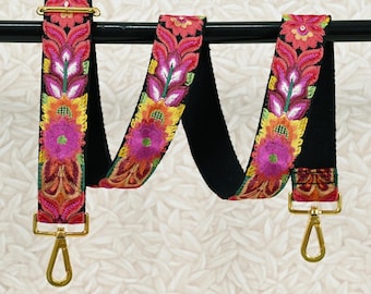 Embroidered Floral Cotton Canvas Purse Strap - Adjustable Boho Bag Replacement