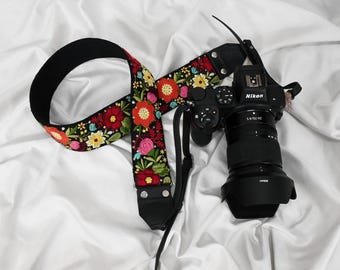 Camera Strap, Embroidered Black Leather Sling, Adjustable 2" Wide - 46-50" Length, Silver Hardware, Cotton Canvas