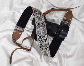 Camera Strap, Embroidered Leather Sling | Cotton Canvas, Brown, 2 Inch Wide - Adjustable 46–50 Inch