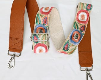 Adjustable Crossbody Strap Leather Replacement Handbag Strap Messenger Bag Shoulder Strap Purses Embroidery Brown Birthday Gift for Mother