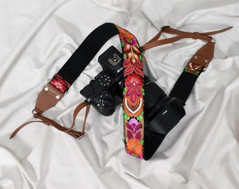 Camera Strap, Embroidered Boho Sling | Leather & Cotton Canvas | 1.5 Inch Wide - 46-50 Adjustable Length, Brown