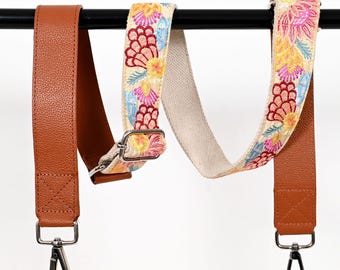 Leather Bag Strap, Embroidered Boho Crossbody | Cotton Canvas, 1.5" Wide - 30.5–55" Adjustable, Silver, Antique Brass