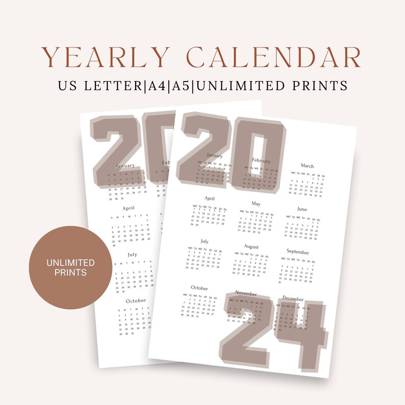 2023/2024 Printable Calendar, 2024 Yearly Calendar, Year at A Glance ...