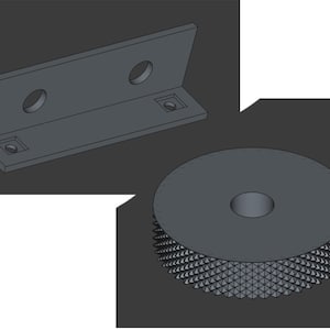 May include: A gray, angled metal bracket with two circular holes and two square holes. A gray, circular object with a central hole and a textured, triangular pattern on its lower edge is also shown.