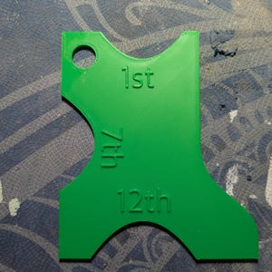 Op de afbeelding: Een groene plastic sjabloon met drie verschillende uitsparingen. De sjabloon is gelabeld met "1st", "7th" en "12th".