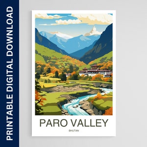 Paro Valley Travel Poster, Bhutan Art, Artwork, Gift, Poster, Print, Wall Art, Home Décor, Digital Download, Printable Wall Art