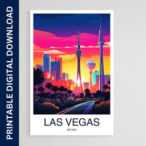 Plakat podróżniczy Las Vegas, sztuka Nevady, dzieło sztuki, prezent, plakat, wydruk, sztuka ścienna, wystrój domu, pobieranie cyfrowe, sztuka ścienna do druku