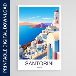 Santorini Reise Poster, Griechenland Kunst, Kunstwerk, Geschenk, Poster, Druck, Wandkunst, Wohndekor, digitaler Download, druckbare Wandkunst