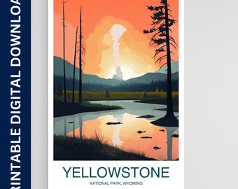 May include: A digital illustration of a sunset over a lake in Yellowstone National Park, Wyoming. The sky is orange and pink, and there are trees on either side of the lake. The text "Yellowstone National Park, Wyoming" is at the bottom of the image.