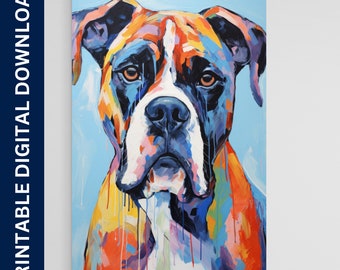 May include: A colorful abstract painting of a boxer dog with a blue, yellow, orange, red, and white color scheme. The dog is looking directly at the viewer.