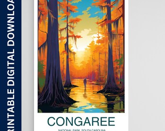 Congaree National Park Poster, National Park Print, Vintage Poster, Wall Art, Home Decor, Afdrukbare digitale download