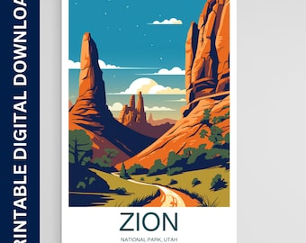 Plakat Parku Narodowego Zion, wydruk Parku Narodowego, plakat w stylu vintage, sztuka ścienna, wystrój domu, do pobrania w wersji cyfrowej