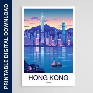 Hong Kong Travel Poster, China Art, Artwork, Gift, Poster, Print, Wall Art, Home Décor, Digital Download, Printable Wall Art
