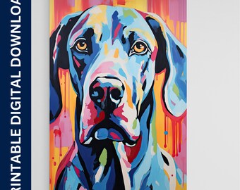 Puede incluir: Una pintura abstracta colorida de un perro Gran Danés. El pelaje del perro está pintado en tonos de azul, verde y amarillo, con salpicaduras de rosa y rojo. El fondo es una mezcla vibrante de amarillo, naranja y rosa.
