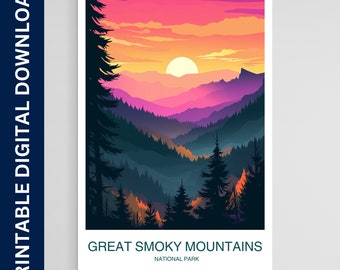 Plakat Parku Narodowego Great Smoky Mountains, wydruk Parku Narodowego, plakat w stylu vintage, sztuka ścienna, wystrój domu, do pobrania w wersji cyfrowej