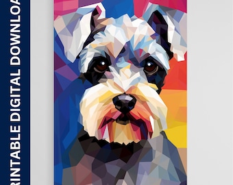 Pode incluir: Uma ilustração geométrica colorida de um cão schnauzer miniatura. A pelagem do cão é branca e cinza, e o fundo é uma mistura de azul, vermelho, amarelo e laranja.