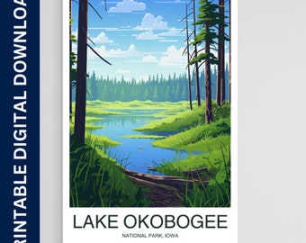 Cartel del parque nacional del lago Okobogee, impresión de Iowa, arte de pared, regalo, decoración del hogar, viajes, arte de pared imprimible, descarga digital