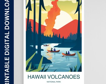 Pôster do parque nacional dos vulcões do Havaí, impressão do parque nacional, pôster vintage, arte de parede, decoração de casa, download digital para impressão