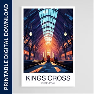 Cartel de viaje de la estación Kings Cross, arte de Gran Bretaña, obra de arte, regalo, cartel, impresión, arte de la pared, decoración del hogar, descarga digital, arte de pared imprimible