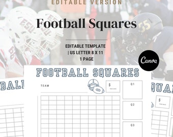 May include: Printable football squares game template for a US Letter size sheet of paper. The template includes a grid for players to fill in their squares, a space for the team name, and a section for the score. The template is decorated with a football helmet graphic.