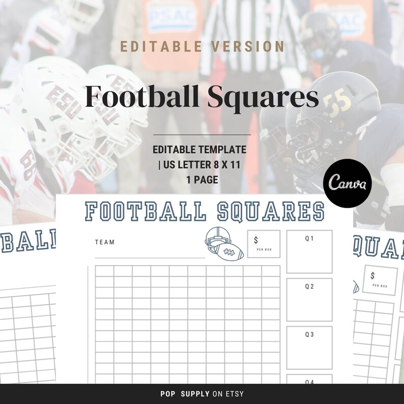 Editable Football Squares Game Printable, Football Fundraiser, Football