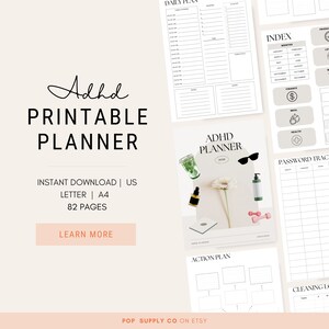 May include: Printable planner for people with ADHD. The cover features a white flower, sunglasses, a bottle of essential oil, and a glass of water. The planner includes sections for daily planning, action plans, password tracking, cleaning lists, and more. The planner is available in US Letter and A4 sizes and has 82 pages.