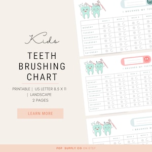 May include: Printable chart for kids to track their teeth brushing habits. The chart features two pages with a cute cartoon tooth design and a calendar layout with spaces to mark each day of the week. The text "I Brushed My Teeth" is at the top of the chart.