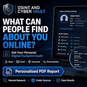 Könnte beinhalten: Eine digitale Benutzeroberfläche für ein OSINT and Cyber Vault Audit mit dem Text WHAT CAN PEOPLE FIND ABOUT YOU ONLINE? Ein Laptop-Bildschirm zeigt ein Profil, einen Expositions-Score von 72 und eine Lupe über persönlichen Kontaktdaten.