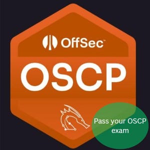 Op de afbeelding: Oranje en witte OffSec OSCP-badge met een draakafbeelding. De badge heeft een zeshoekige vorm. Een groene cirkel met de tekst "Pass your OSCP exam" staat rechtsonder.