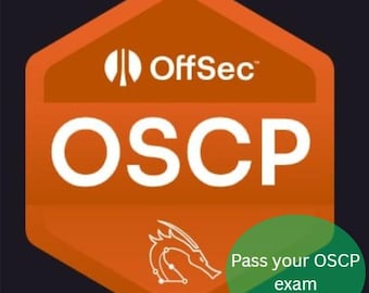 Op de afbeelding: Oranje en witte OffSec OSCP-badge met een draakafbeelding. De badge heeft een zeshoekige vorm. Een groene cirkel met de tekst "Pass your OSCP exam" staat rechtsonder.
