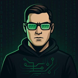 May include: Illustration of a person with brown hair wearing black-framed glasses with green lenses and a black hoodie. The hoodie features a green circuit board design. The background is a dark green gradient with binary code.