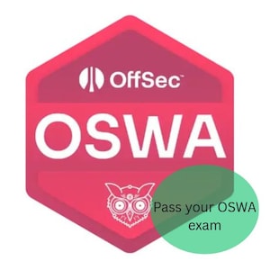 Peut inclure: Un badge OffSec OSWA rouge et blanc avec un motif de hibou. Le texte "OSWA" est affiché en grand. Un cercle vert avec le texte "Pass your OSWA exam" est superposé à l'image.