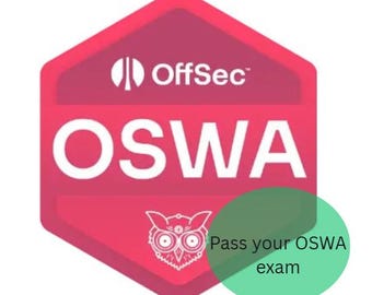 Op de afbeelding: Een rood en wit OffSec OSWA-badge met een uilontwerp. De tekst "OSWA" staat prominent afgebeeld. Een groene cirkel met de tekst "Pass your OSWA exam" is over de afbeelding geplaatst.