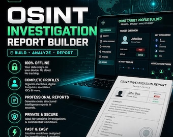 May include: A digital OSINT Investigation Report Builder advertisement. The graphic features a laptop displaying a target profile, a printed report, and text highlighting features like offline data storage, complete profiles, and professional reports.