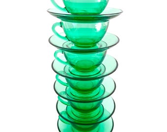 Tazze e piattini in vetro verde ARCOROC France - Set retrò anni '70/'80