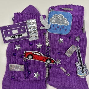 Music artist Prince inspired junk socks aka charm or treasure socks. Purple jewels, charms, white doves, rhinestones & patches.
