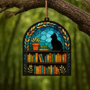 Personalisierte Katzenbuch Suncatcher Verzierung, benutzerdefinierte Lesekatze Acrylfensterbehang, Buch Fensterdekor, Buchliebhaber Geschenk, Katzenliebhaber Geschenk