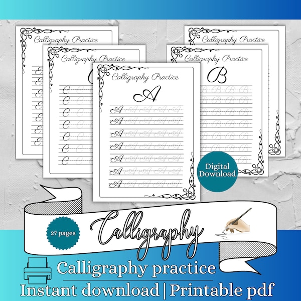 Calligraphy practice sheet alphabet modern calligraphy tracing pages basic strokes hand lettering 26 pages digital download pdf printable