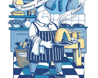 Der Tortenmann. Probieren Sie meine Puddings und Pasteten!
