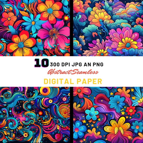 10 Psychedelic Floral Patterns , Multy Color Patterns , Square Backgrounds, Scrapbook Digital Paper