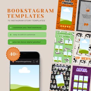 May include: A set of 70 Instagram story templates for bookstagrammers. The templates feature a variety of designs, including a ghost pattern, a green and white landscape, and a book title template. The templates are easy to customise and can be used to create a cohesive and engaging feed.