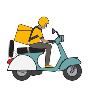 May include: A yellow delivery bag is strapped to the back of a teal scooter. A person wearing a yellow helmet is driving the scooter.
