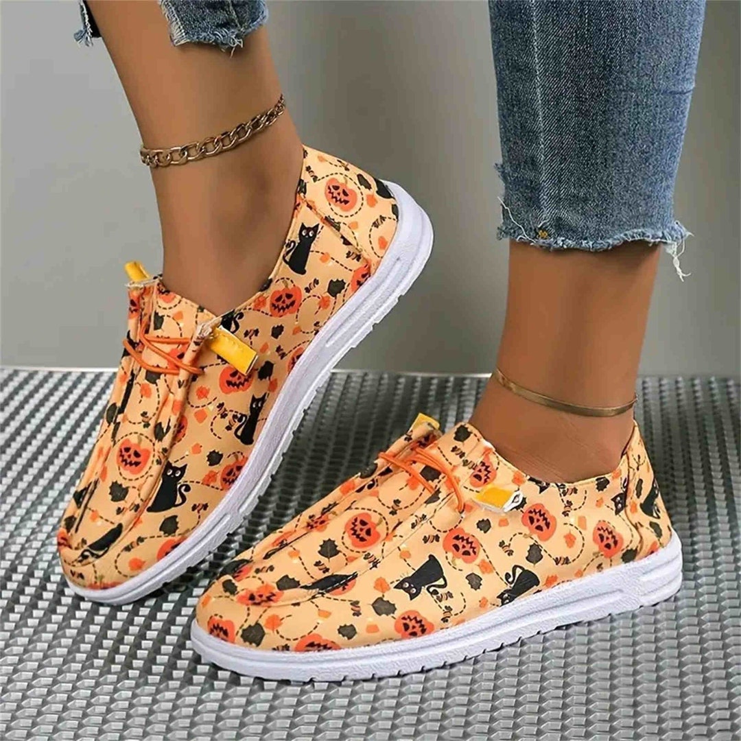 Halloween Slip On Spooky Black Cat Canvas Shoe Halloween Etsy