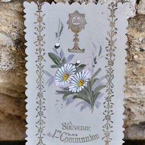 Celulóide antigo francês, velino, cartão sagrado, cartão de oração, decorado à mão, presente para pessoa amada, lembrança de primeira comunhão