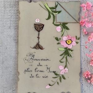 Français Celluloïd antique, carte sainte, carte de prière, décoré à la main, cadeau pour être cher, souvenir de la première communion