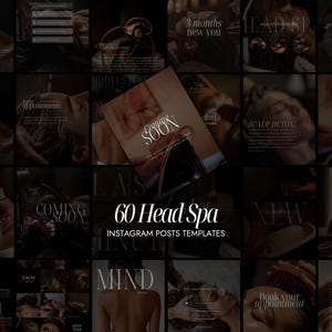 Puede incluir: Un conjunto de 60 plantillas de publicaciones de Instagram para Head Spa. Las plantillas presentan una estética oscura y melancólica con superposiciones de texto como "Relax and renew", "Coming Soon" y "Book your appointment". El tema es spa y bienestar.