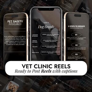 May include: Three smartphones display pet care information. One screen shows "Pet Safety Mistakes," another "Guide to Dog Breeds," and the third "3 Steps to Reduce Stress in Home Pets." The bottom of the image reads "VET CLINIC REELS Ready to Post Reels with captions."
