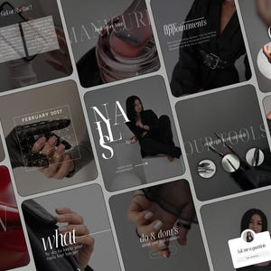 Op de afbeelding: Een verzameling social media post-sjablonen voor een nagelsalon met donkergrijze achtergronden, witte typografie en afbeeldingen van gemanicuurde handen, nagelgereedschap, een kalender voor februari 2027 en tekst zoals Nails, Pedi en Ask me a question.