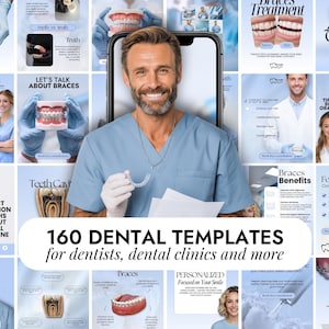 Puede incluir: Imagen promocional de servicios dentales, con un dentista sonriente sosteniendo un alineador transparente. Varios gráficos informativos sobre cuidado dental, aparatos ortopédicos e higiene bucal rodean al dentista. El texto dice: "160 PLANTILLAS DENTALES para dentistas, clínicas dentales y más."