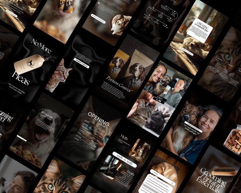 Op de afbeelding: Een collage van afbeeldingen met een zwarte achtergrond, met huisdieren en huisdierverzorgingsproducten. De afbeeldingen bevatten katten, honden en tekst zoals "No More Fleas", "Portion Control" en "Grooming Essentials".